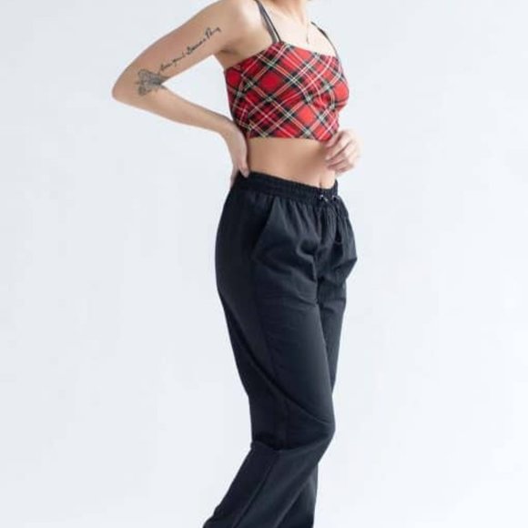 Red black gray plaid crop top cami Tank Top - Picture 1 of 7